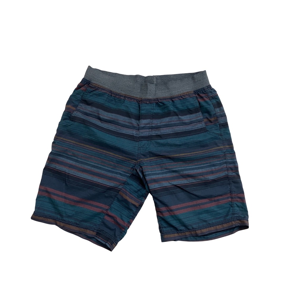 Prana Mens Striped Shorts Teal Burgundy Grey Elastic Waist Size S